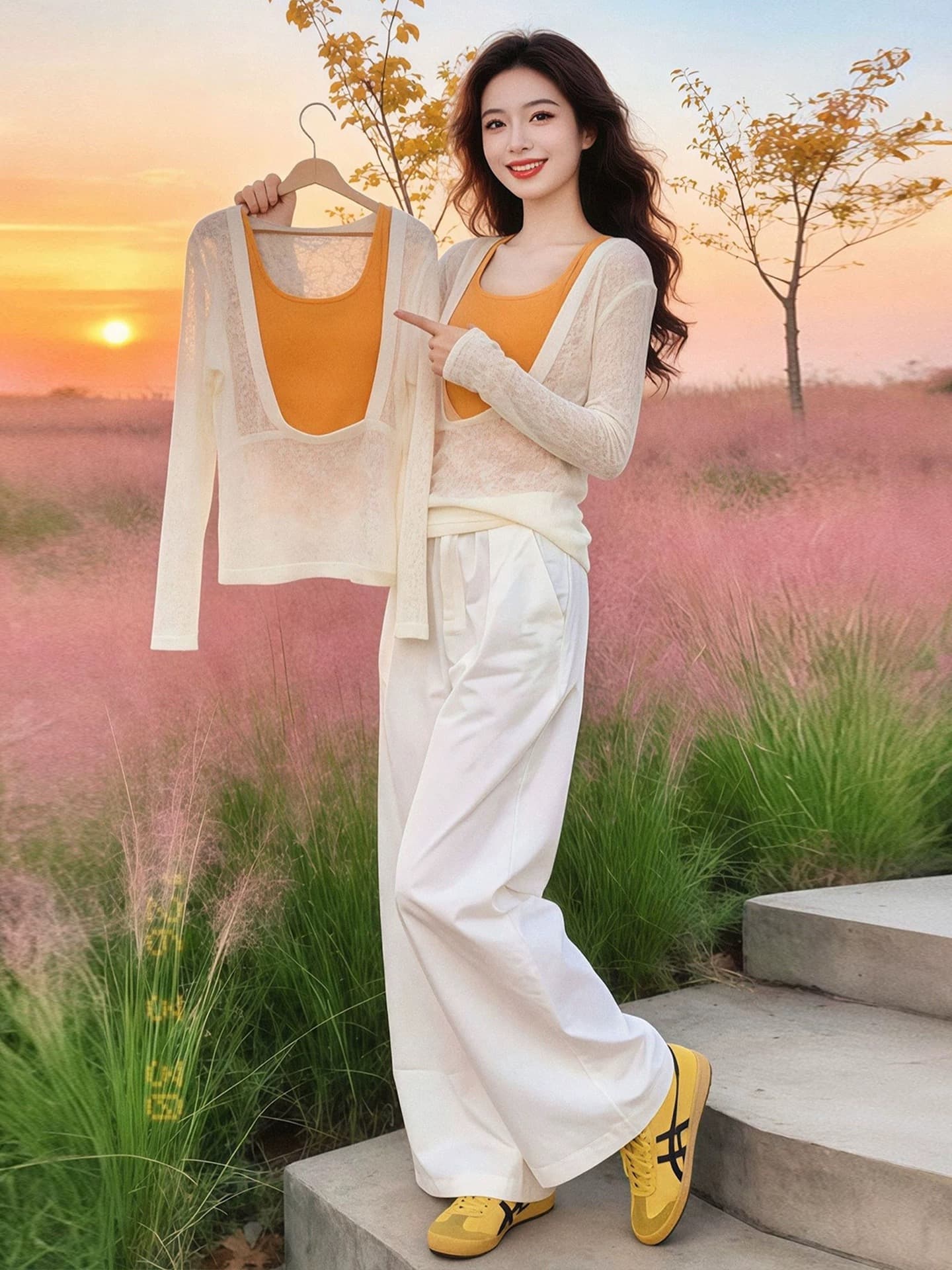 주황색 광장 칼라 슬립 스택 착용 화이트 긴팔 티셔츠 여성 2026 여름 태국 사람 스타일 도파민 착용 가져 가라. 아름다운 맨위 상세 이미지 4