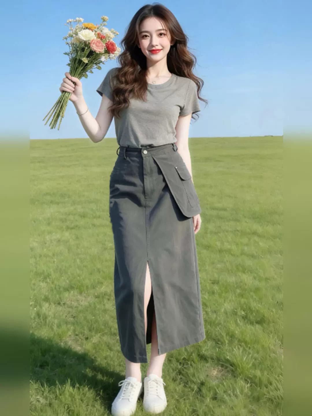 패션 여름 미니멀리즘 다용도 라운드 넥 반팔 티셔츠 아메리칸 워크웨어 불규칙 반신 스커트 품격 세트 여성 이미지 3