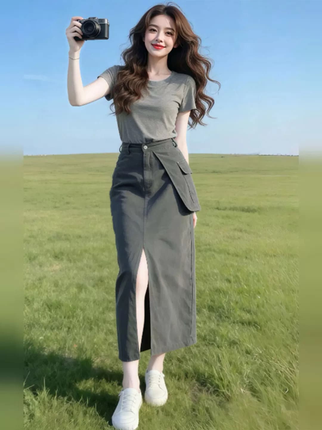 패션 여름 미니멀리즘 다용도 라운드 넥 반팔 티셔츠 아메리칸 워크웨어 불규칙 반신 스커트 품격 세트 여성 상세 이미지 2