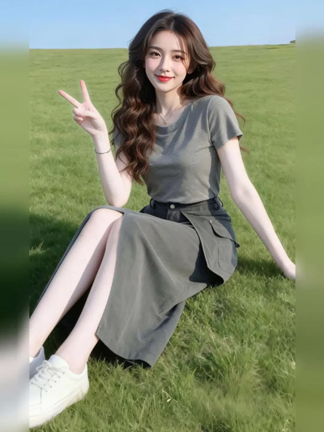 패션 여름 미니멀리즘 다용도 라운드 넥 반팔 티셔츠 아메리칸 워크웨어 불규칙 반신 스커트 품격 세트 여성 상세 이미지 4