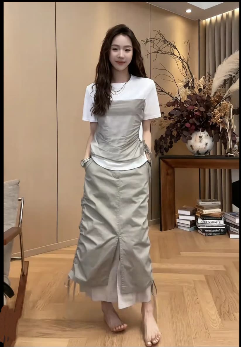 올해 인기 착용 가져 가라. 전체 집합 2026 여름 새로운 페이크 레이어드 반팔 디자인 센스 반신 스커트 투피스 세트 트렌디 상세 이미지 2