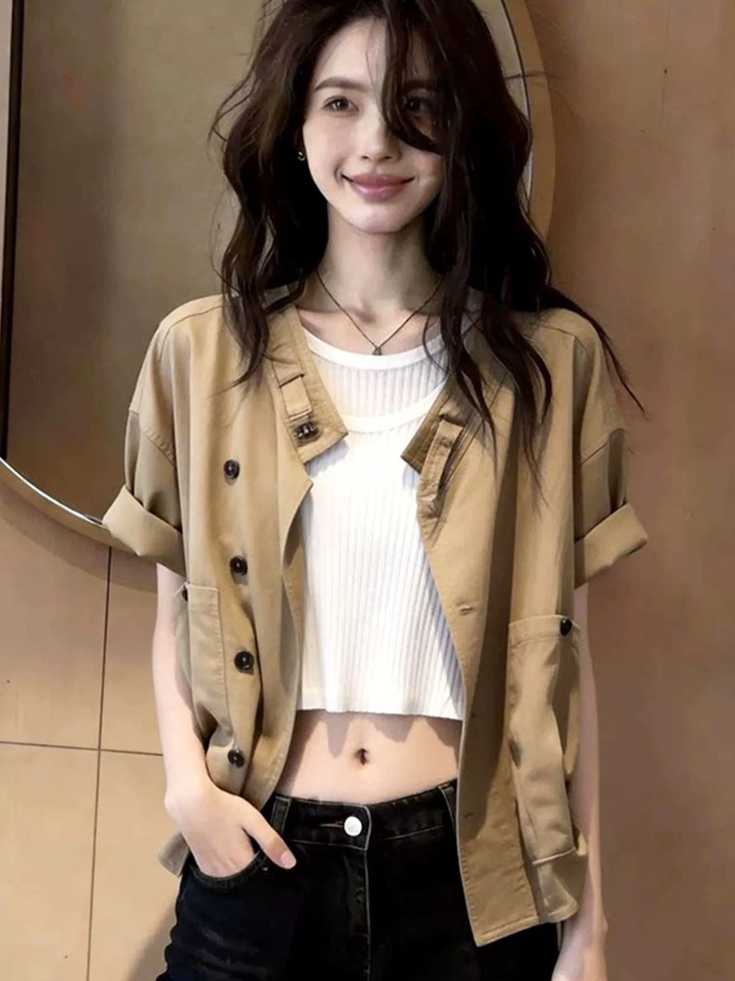 아메리칸 미니멀리즘 라운드 넥 짧은 외투 여자 2026 새로운 여름 디자인 센스 작은 대중 패션 반팔 오픈 가디건 맨위 상세 이미지 1