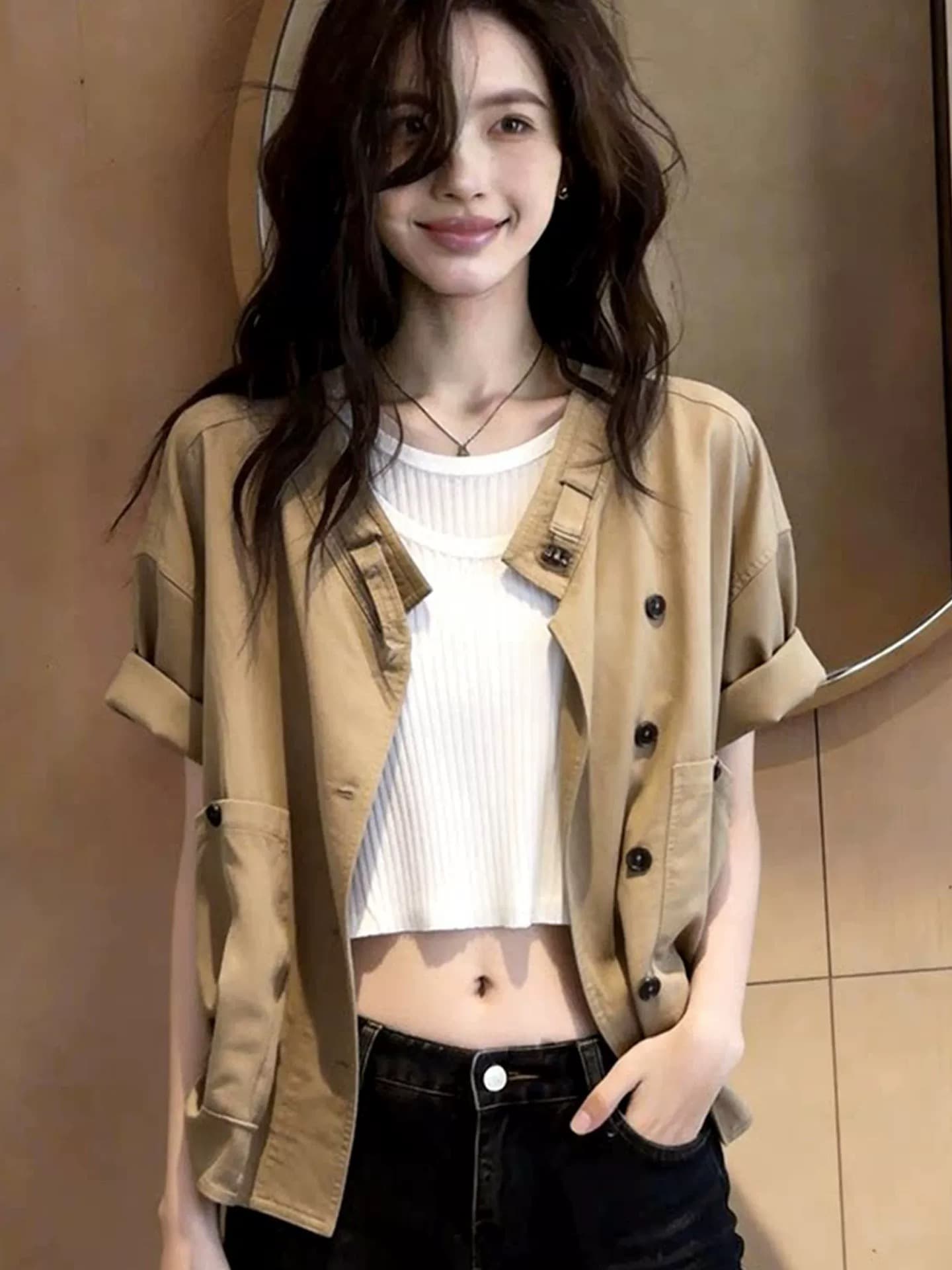 아메리칸 미니멀리즘 라운드 넥 짧은 외투 여자 2026 새로운 여름 디자인 센스 작은 대중 패션 반팔 오픈 가디건 맨위 상세 이미지 3