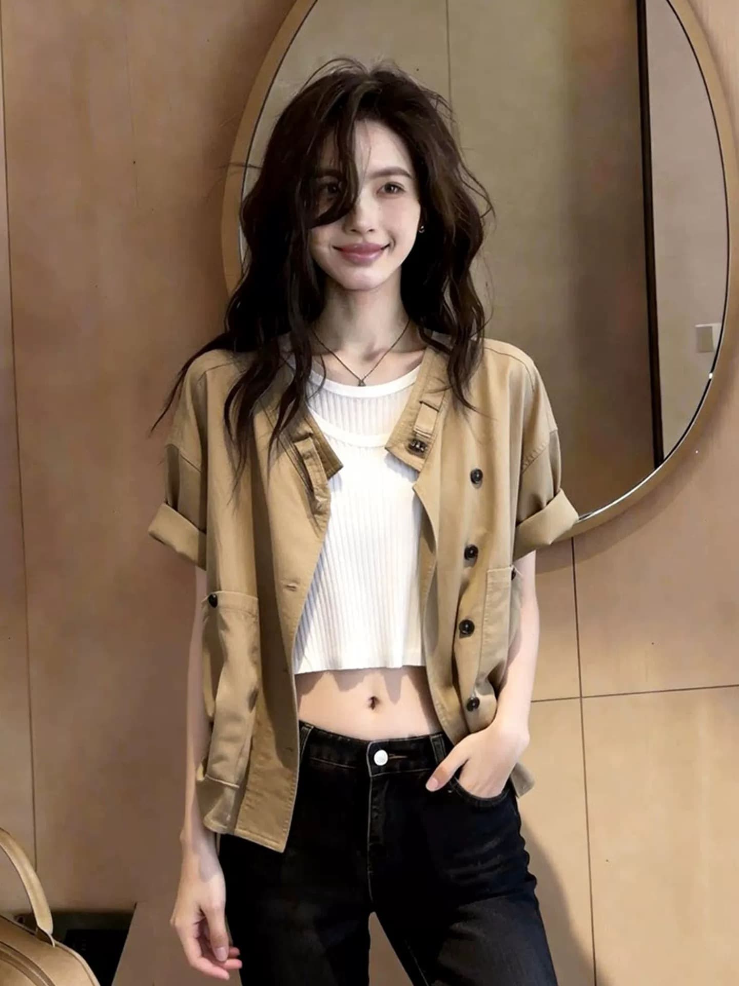 아메리칸 미니멀리즘 라운드 넥 짧은 외투 여자 2026 새로운 여름 디자인 센스 작은 대중 패션 반팔 오픈 가디건 맨위 상세 이미지 5