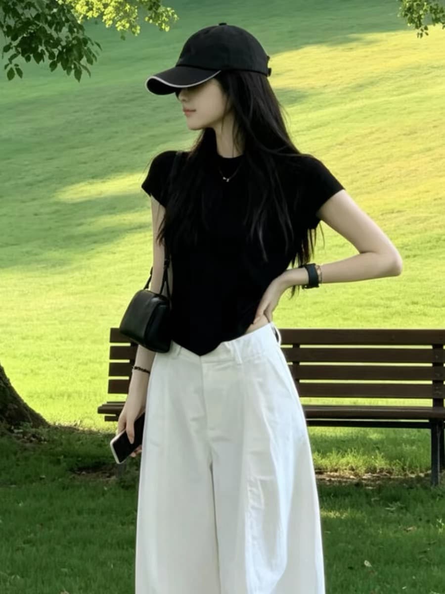 2026 새로운 한 부서 착용 가져 가라. 검정색 반팔 맨위 하이웨이스트 넓은 다리 길이 바지 패션 캐주얼 투피스 슈트 여성 여름 상세 이미지 2