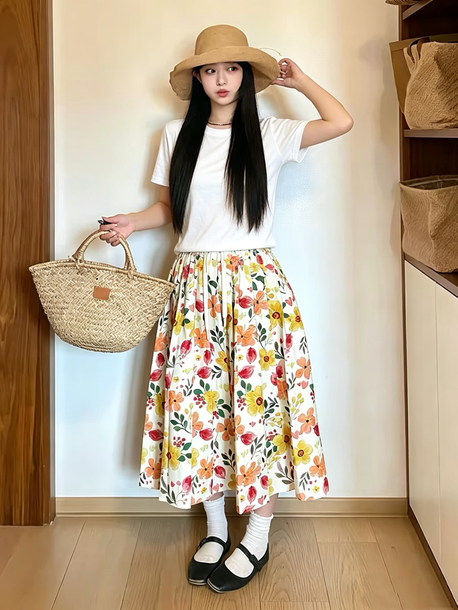자이언트 잘 생긴 ~ 중 여름 세트 여성 밝은 작은 키 여행 도파민 착용 가져 가라. 화이트 t 꽃무늬 치마 전체 집합 이미지 3