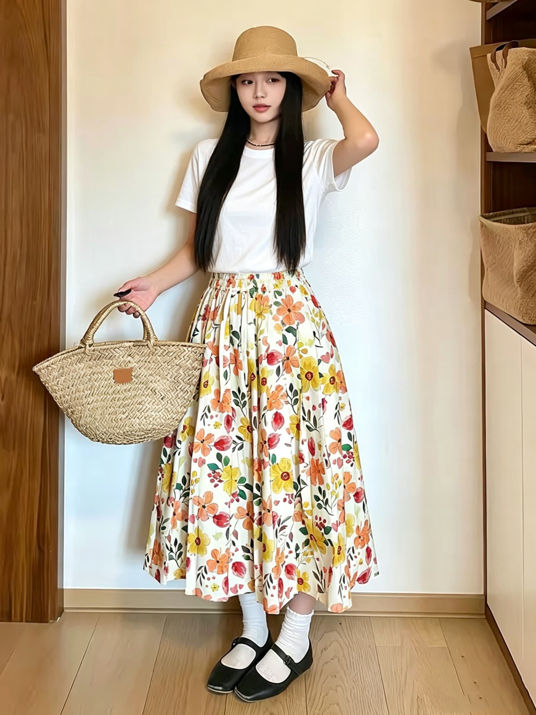 자이언트 잘 생긴 ~ 중 여름 세트 여성 밝은 작은 키 여행 도파민 착용 가져 가라. 화이트 t 꽃무늬 치마 전체 집합 상세 이미지 1