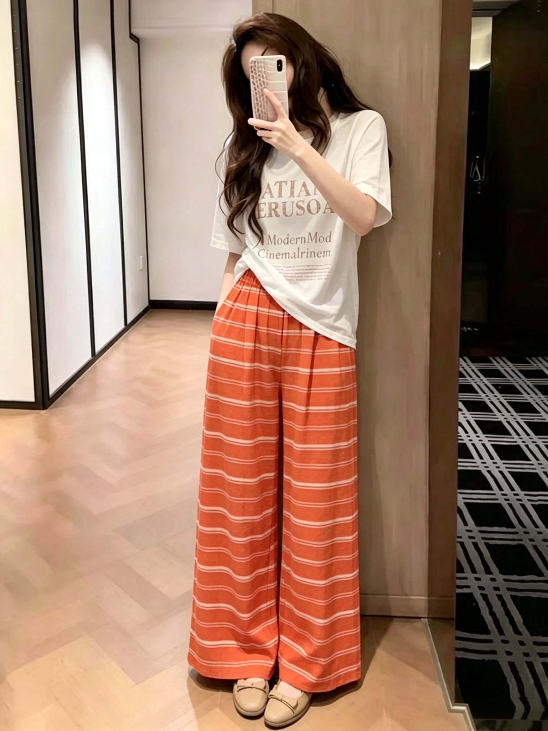 2025 자이언트 잘 생긴 ~ 중 세트 청 순수한 시스템 여름 착용 가져 가라. 주황색 스트라이프 캐주얼 바지 티셔츠 투피스 세트 여성 의류