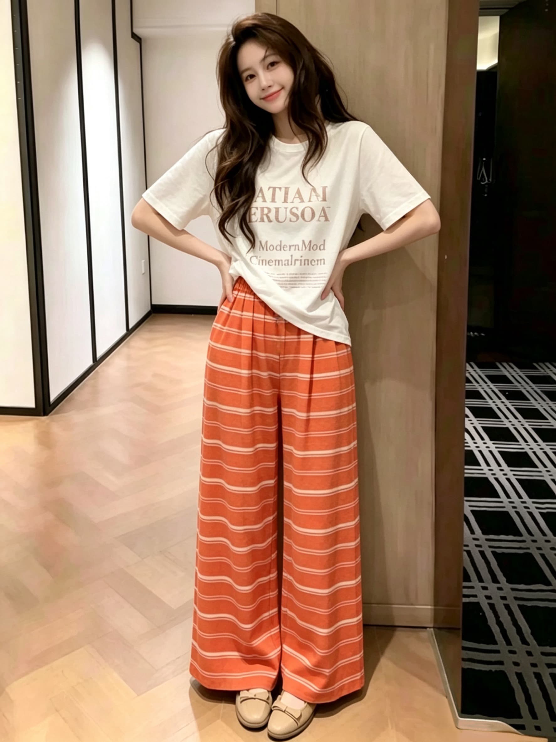 2025 자이언트 잘 생긴 ~ 중 세트 청 순수한 시스템 여름 착용 가져 가라. 주황색 스트라이프 캐주얼 바지 티셔츠 투피스 세트 여성 의류 상세 이미지 4