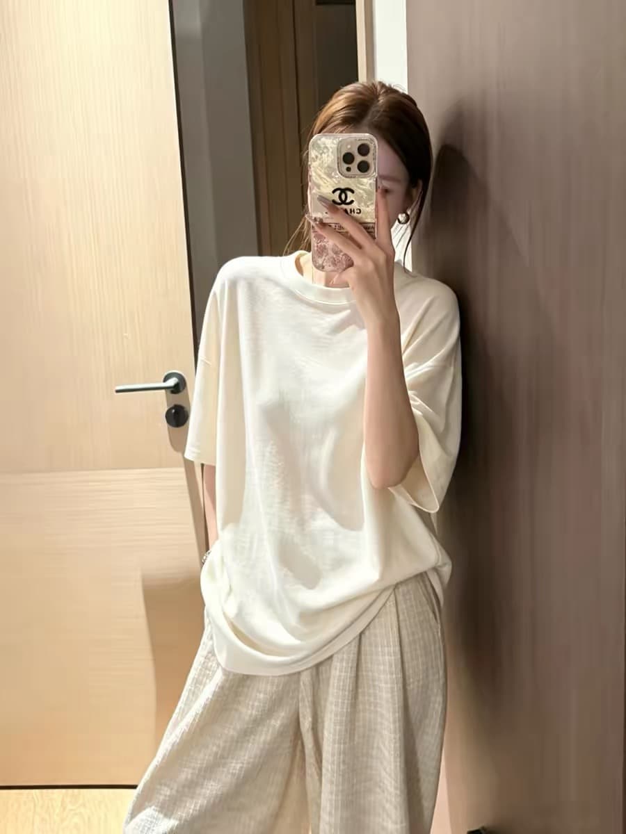 한 부서 느긋한 가을 어깨 화이트 반팔 티셔츠 여성 여름 오래된 돈 바람 루즈핏 슬림해 보이는 반소매 동정 캐주얼 맨위