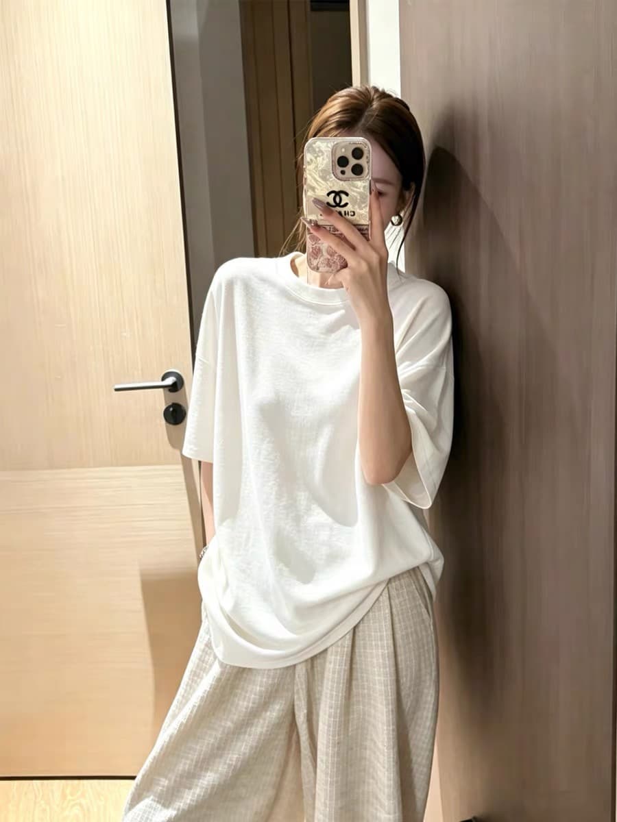한 부서 느긋한 가을 어깨 화이트 반팔 티셔츠 여성 여름 오래된 돈 바람 루즈핏 슬림해 보이는 반소매 동정 캐주얼 맨위 이미지 3