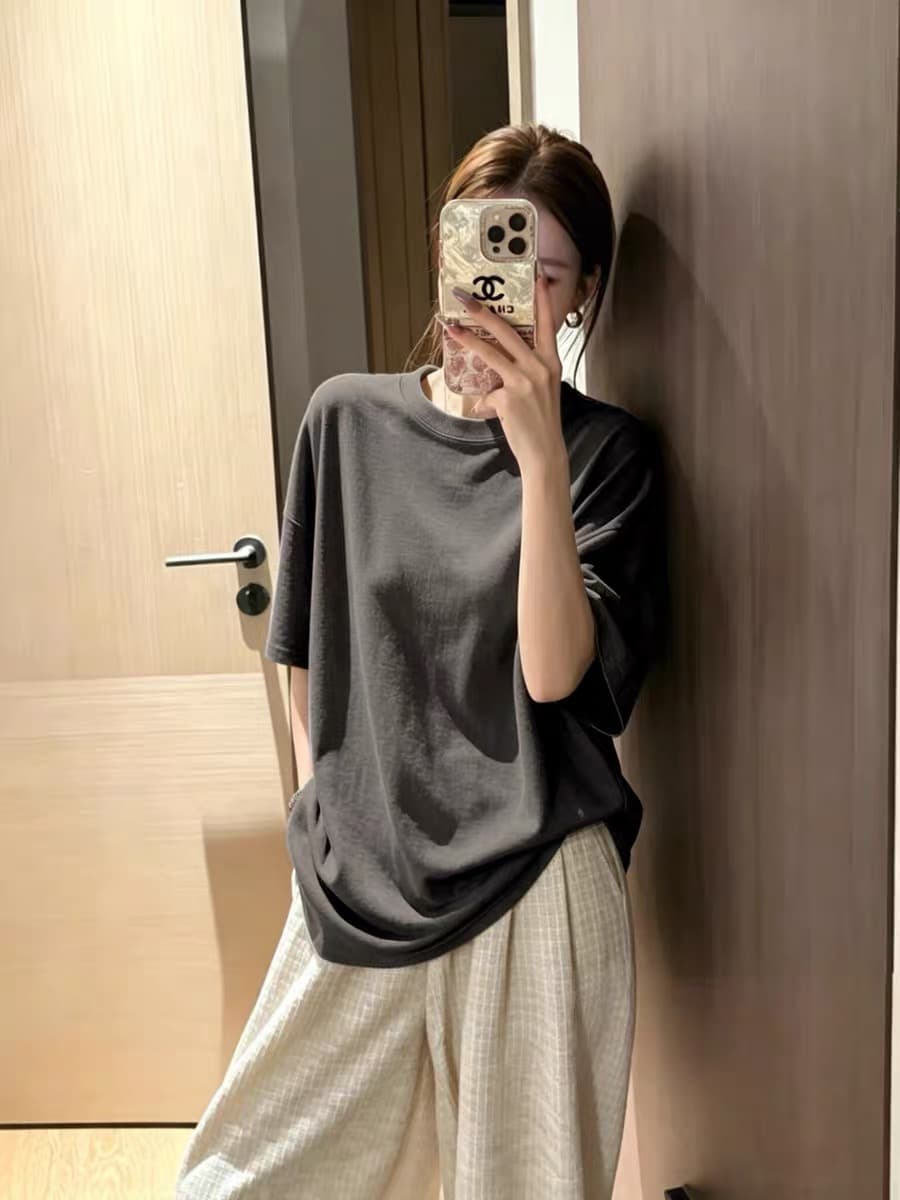 한 부서 느긋한 가을 어깨 화이트 반팔 티셔츠 여성 여름 오래된 돈 바람 루즈핏 슬림해 보이는 반소매 동정 캐주얼 맨위 상세 이미지 2