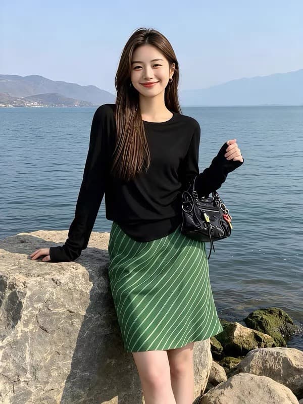 익스트림 제인 바람 품격 슬림해 보이는 자외선 차단 맨위 녹색 스트라이프 반 스커트 여성 의류 2026 여름 새로운 자이언트 잘 생긴 세트
