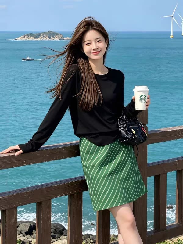 익스트림 제인 바람 품격 슬림해 보이는 자외선 차단 맨위 녹색 스트라이프 반 스커트 여성 의류 2026 여름 새로운 자이언트 잘 생긴 세트 이미지 3