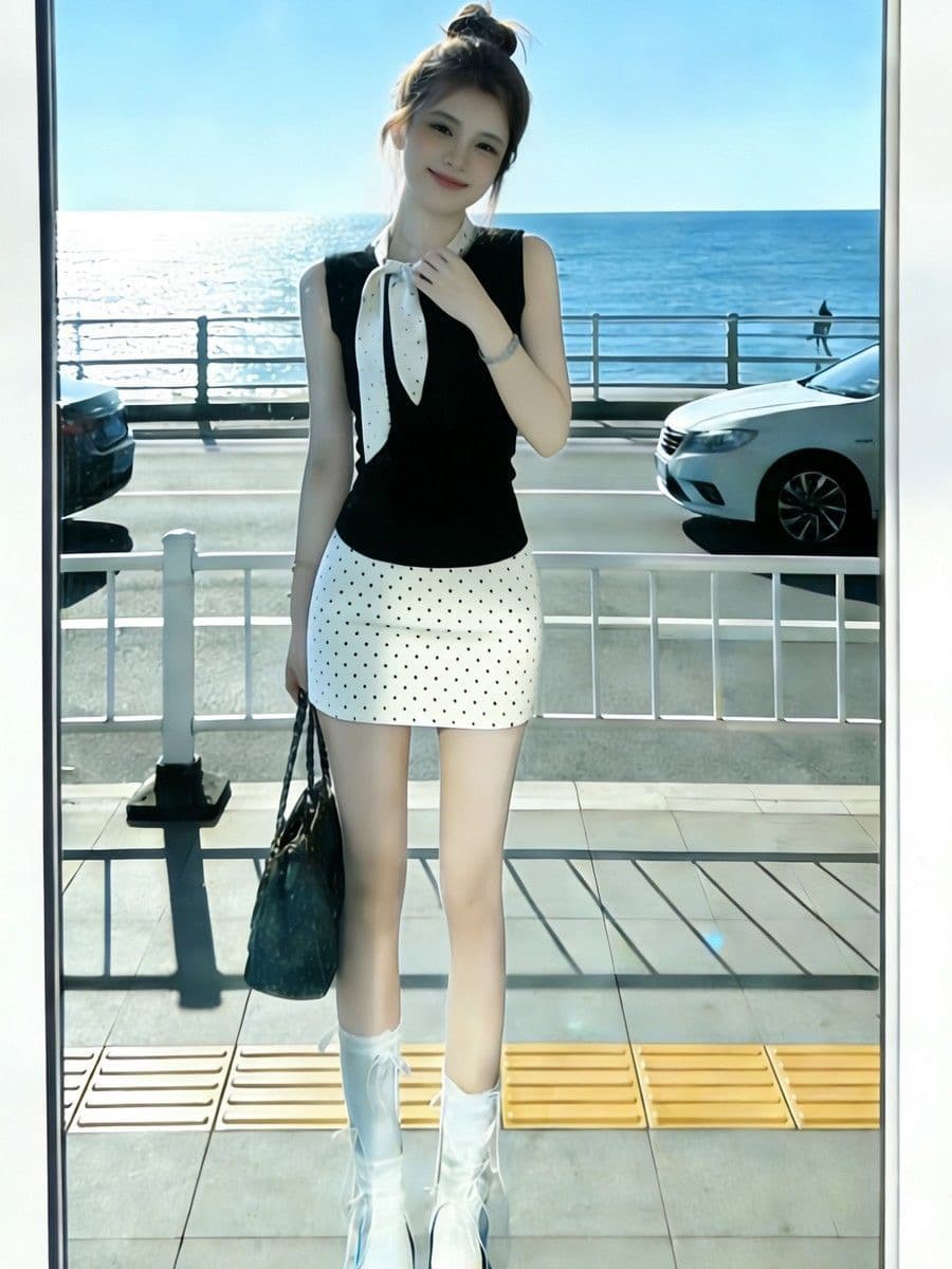자이언트 잘 생긴 검정색 민소매 맨위 코치 miu 인사이드 miu 가스 착용 가져 가라. 반신 치마 세트 행침 목 조끼 여성 여름 이미지 2