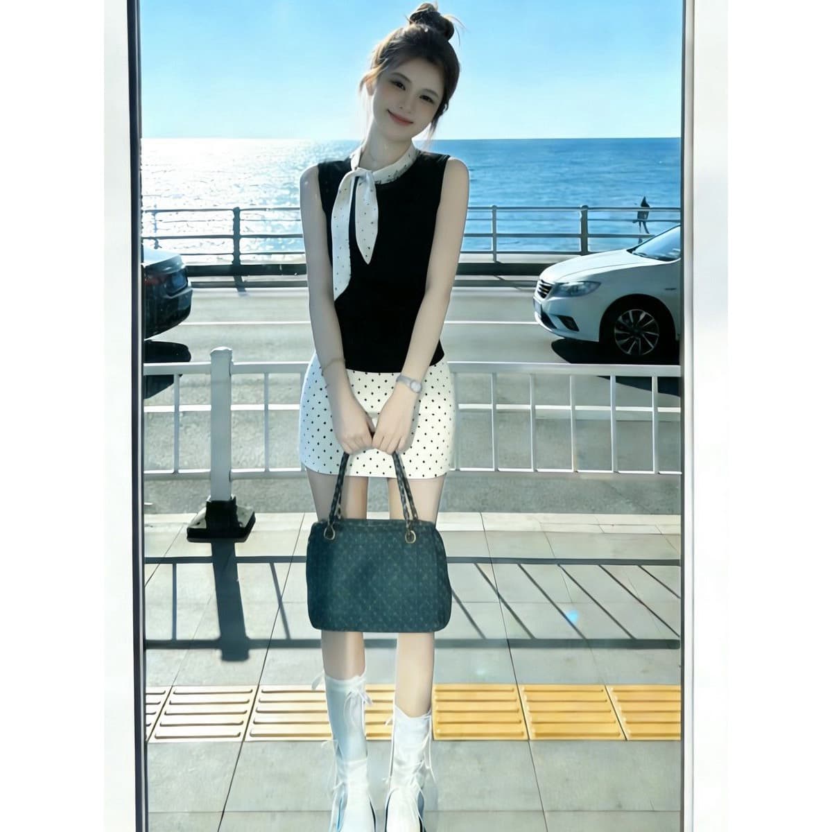 자이언트 잘 생긴 검정색 민소매 맨위 코치 miu 인사이드 miu 가스 착용 가져 가라. 반신 치마 세트 행침 목 조끼 여성 여름