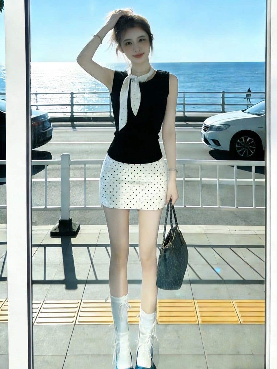 자이언트 잘 생긴 검정색 민소매 맨위 코치 miu 인사이드 miu 가스 착용 가져 가라. 반신 치마 세트 행침 목 조끼 여성 여름 이미지 3