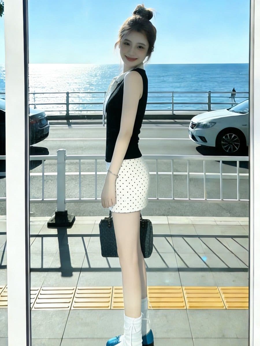 자이언트 잘 생긴 검정색 민소매 맨위 코치 miu 인사이드 miu 가스 착용 가져 가라. 반신 치마 세트 행침 목 조끼 여성 여름 상세 이미지 4