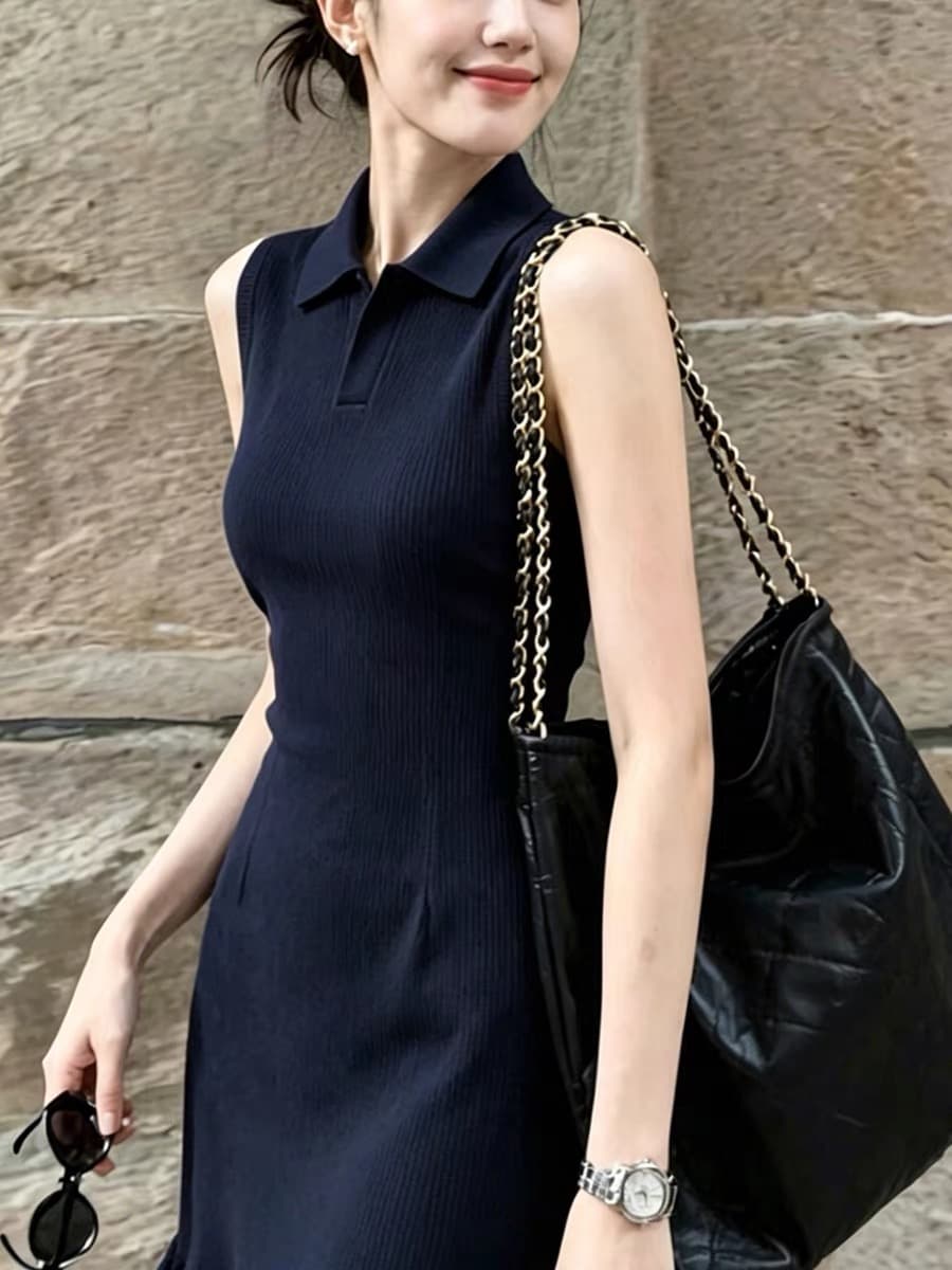 여름 아름다운 아니요 명중 섹션 polo 치마 오래된 돈 바람 출퇴근 해군 폴로 칼라 조끼 인어 꼬리 니트 여성 드레스 이미지 2