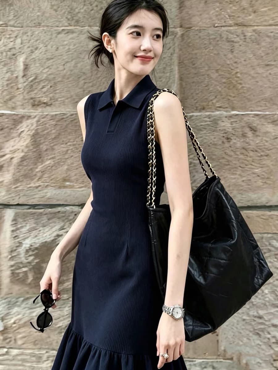 여름 아름다운 아니요 명중 섹션 polo 치마 오래된 돈 바람 출퇴근 해군 폴로 칼라 조끼 인어 꼬리 니트 여성 드레스 이미지 4