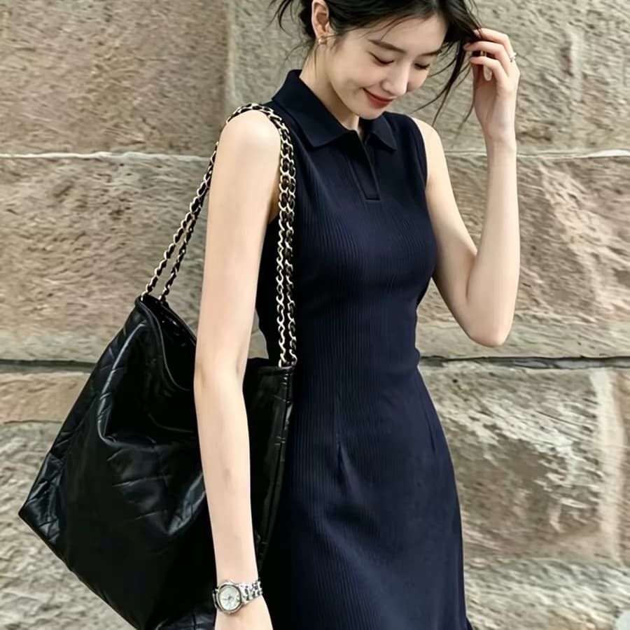 여름 아름다운 아니요 명중 섹션 polo 치마 오래된 돈 바람 출퇴근 해군 폴로 칼라 조끼 인어 꼬리 니트 여성 드레스 이미지 5