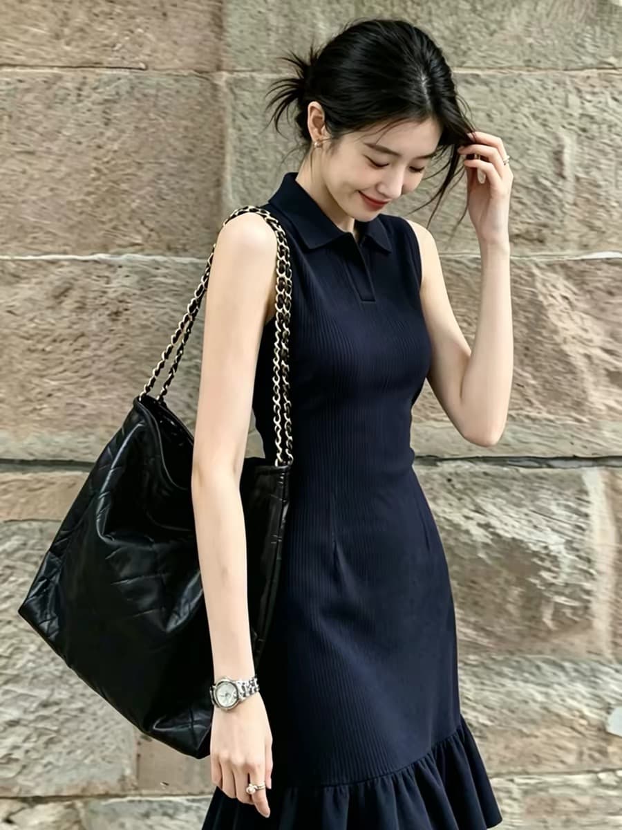여름 아름다운 아니요 명중 섹션 polo 치마 오래된 돈 바람 출퇴근 해군 폴로 칼라 조끼 인어 꼬리 니트 여성 드레스 상세 이미지 2