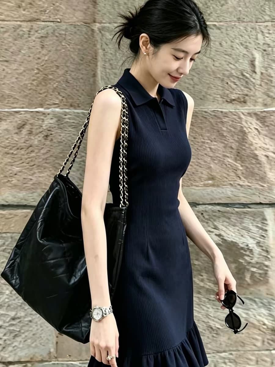 여름 아름다운 아니요 명중 섹션 polo 치마 오래된 돈 바람 출퇴근 해군 폴로 칼라 조끼 인어 꼬리 니트 여성 드레스 상세 이미지 4