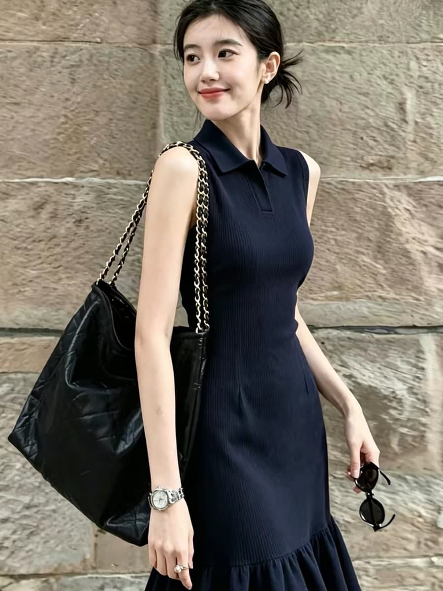 여름 아름다운 아니요 명중 섹션 polo 치마 오래된 돈 바람 출퇴근 해군 폴로 칼라 조끼 인어 꼬리 니트 여성 드레스 상세 이미지 5