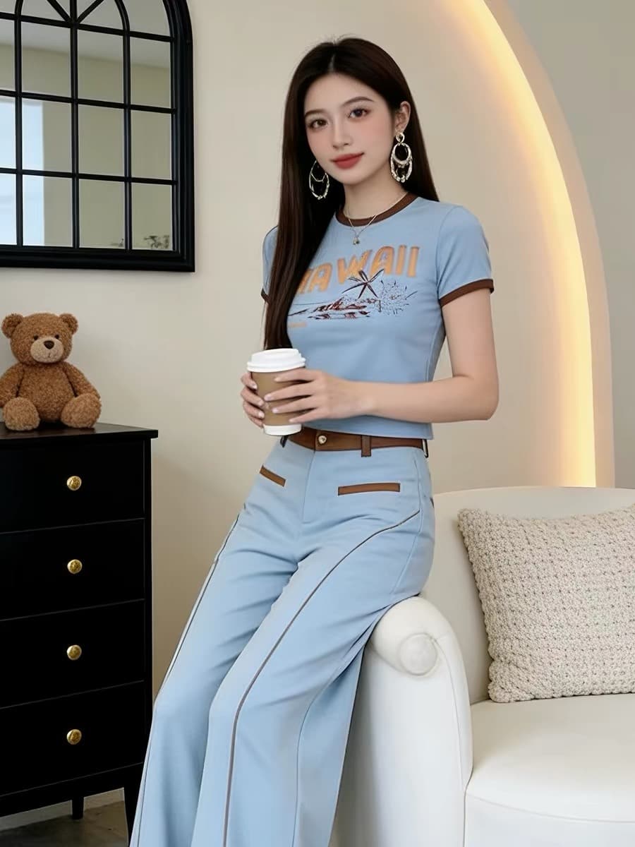 아메리칸 레트로 핫걸 배색 프린트 티셔츠 맨위 여름 폭발 반팔 와이드 레그 팬츠 캐주얼 스포츠 슈트 여성 이미지 3