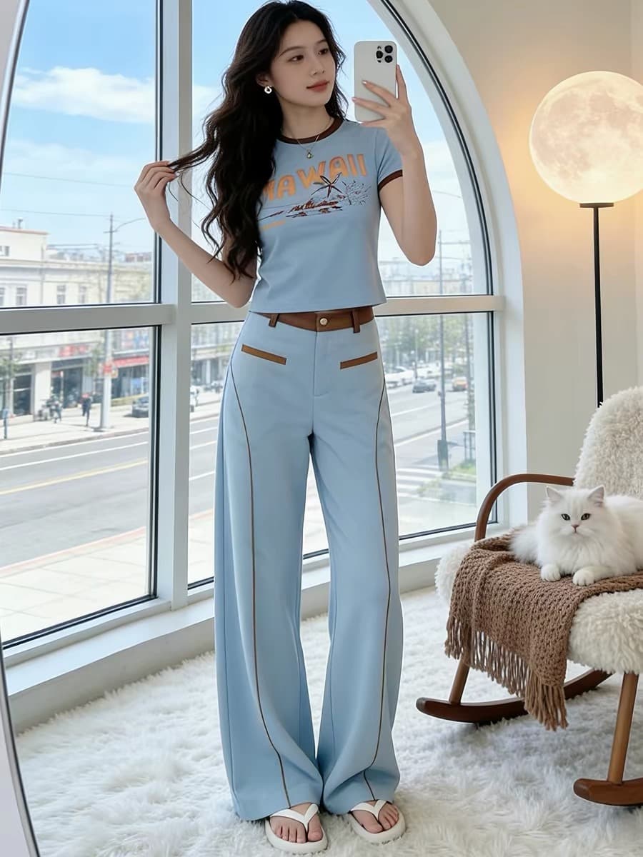 아메리칸 레트로 핫걸 배색 프린트 티셔츠 맨위 여름 폭발 반팔 와이드 레그 팬츠 캐주얼 스포츠 슈트 여성 상세 이미지 3