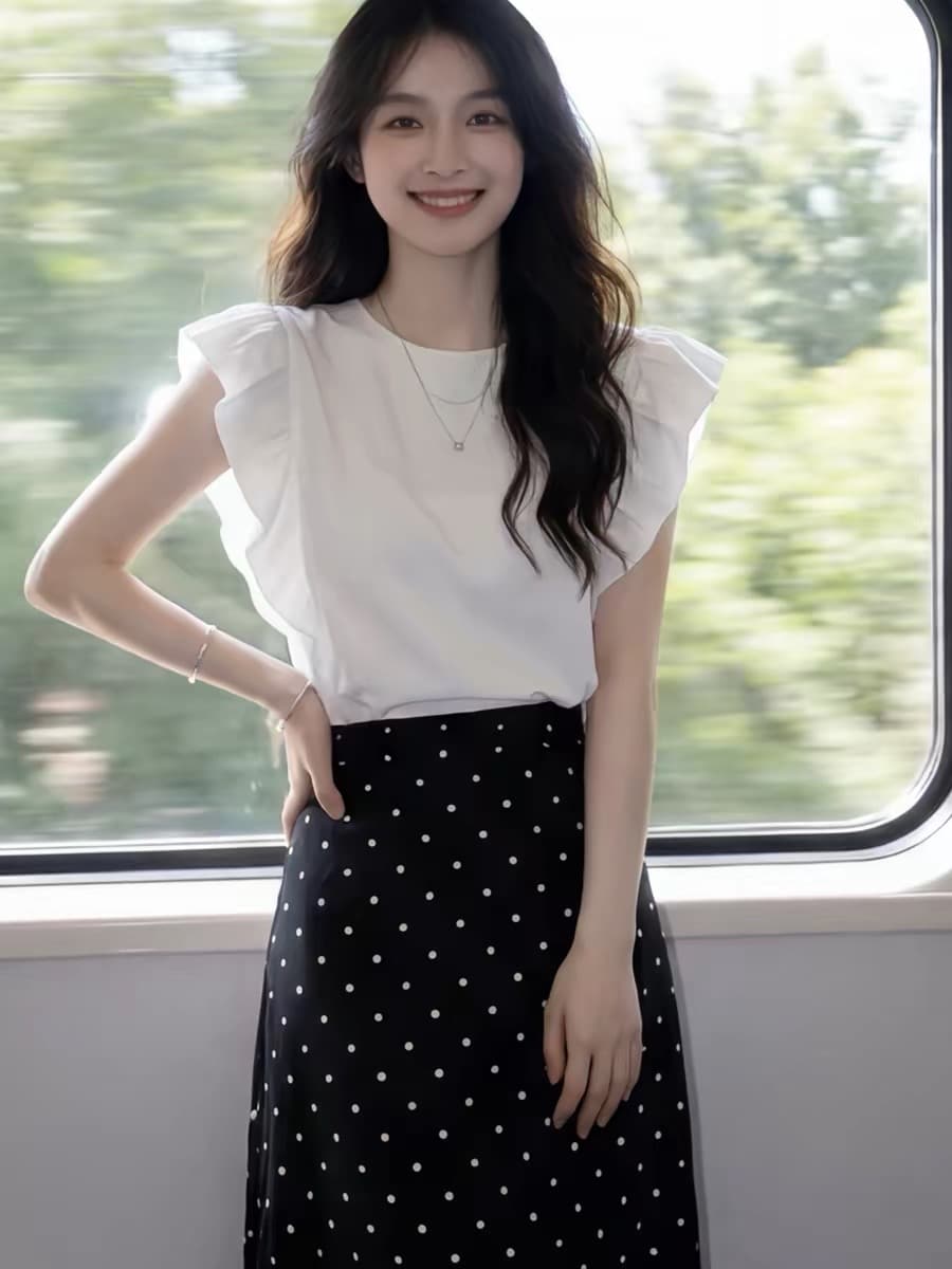 자이언트 잘 생긴 전체 집합 ootd 착용 가져 가라. 여름 여성 화이트 프릴 반팔 맨위 도트 무늬 반신 스커트 투피스 슈트