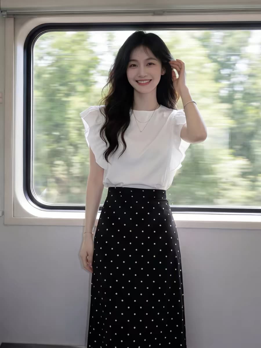 자이언트 잘 생긴 전체 집합 ootd 착용 가져 가라. 여름 여성 화이트 프릴 반팔 맨위 도트 무늬 반신 스커트 투피스 슈트 이미지 2