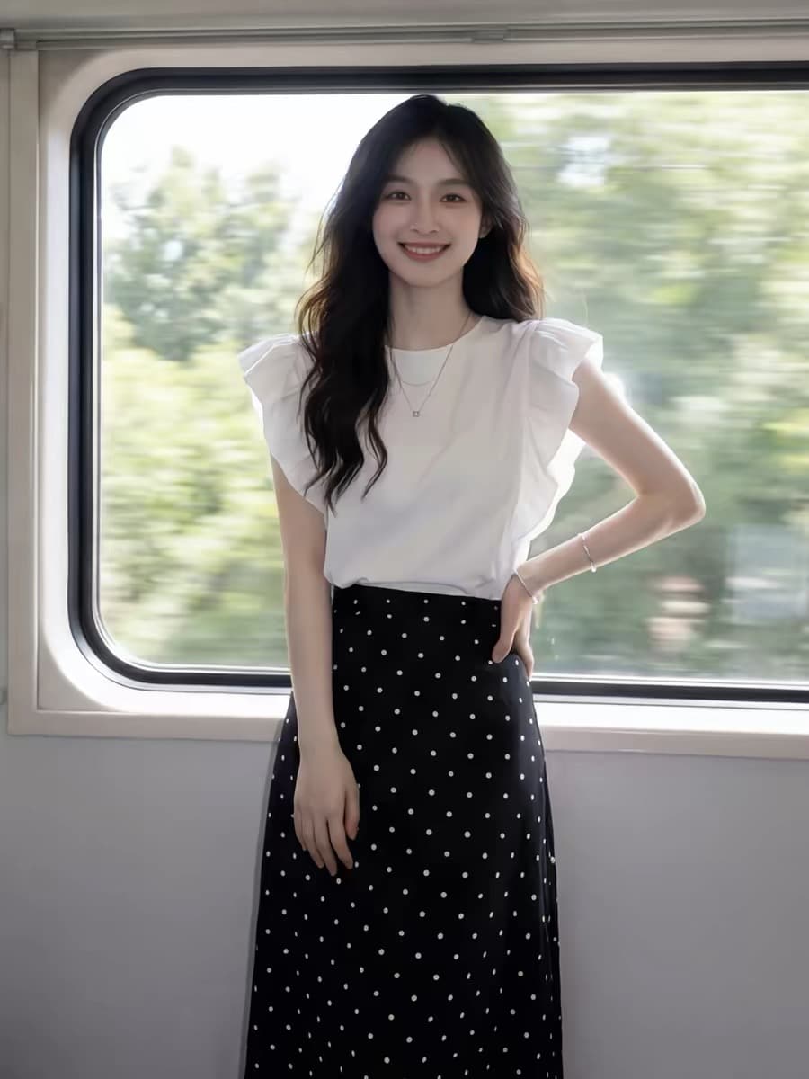 자이언트 잘 생긴 전체 집합 ootd 착용 가져 가라. 여름 여성 화이트 프릴 반팔 맨위 도트 무늬 반신 스커트 투피스 슈트 상세 이미지 1