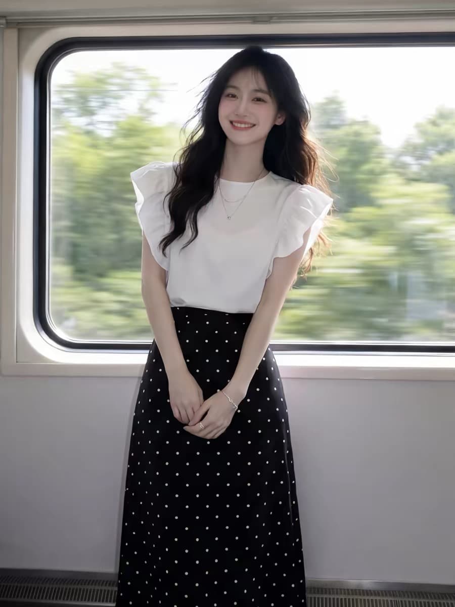 자이언트 잘 생긴 전체 집합 ootd 착용 가져 가라. 여름 여성 화이트 프릴 반팔 맨위 도트 무늬 반신 스커트 투피스 슈트 상세 이미지 2