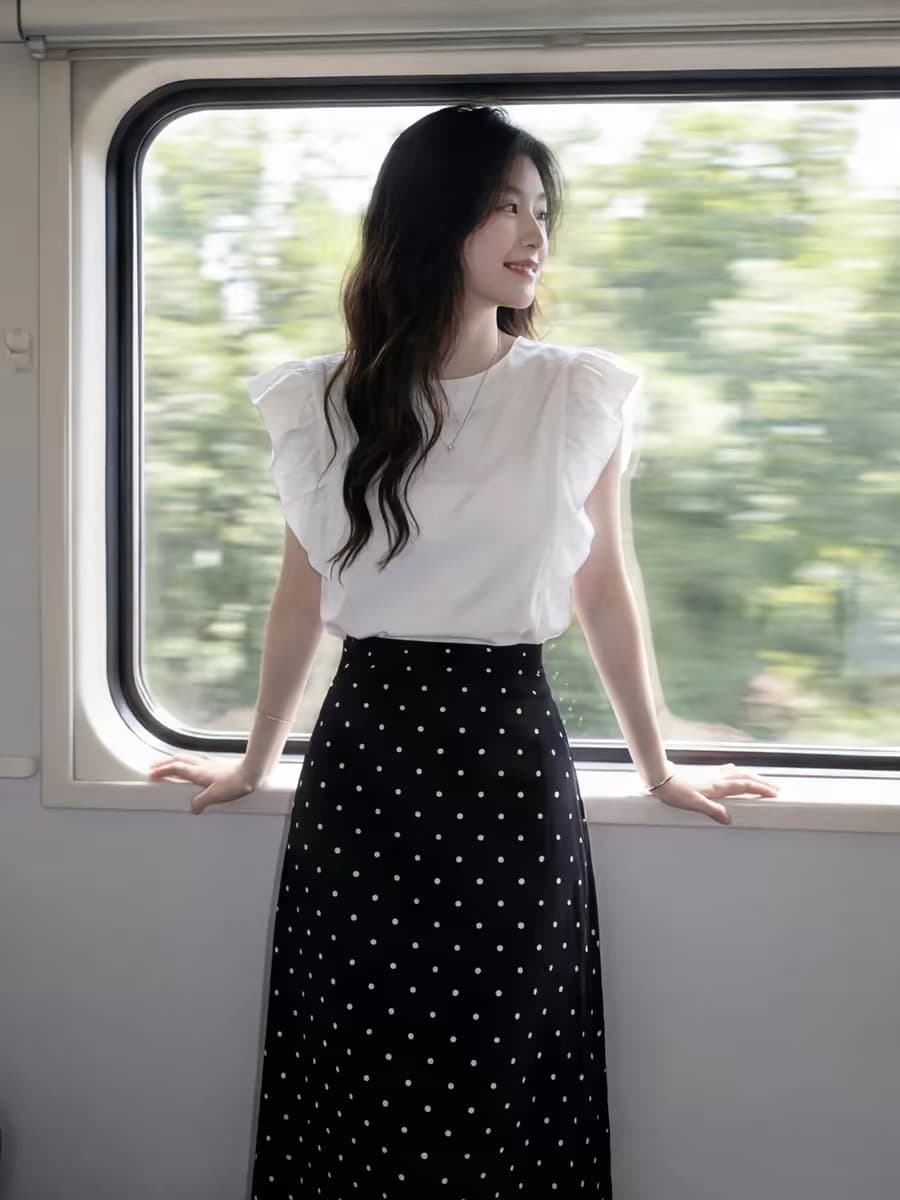 자이언트 잘 생긴 전체 집합 ootd 착용 가져 가라. 여름 여성 화이트 프릴 반팔 맨위 도트 무늬 반신 스커트 투피스 슈트 상세 이미지 4