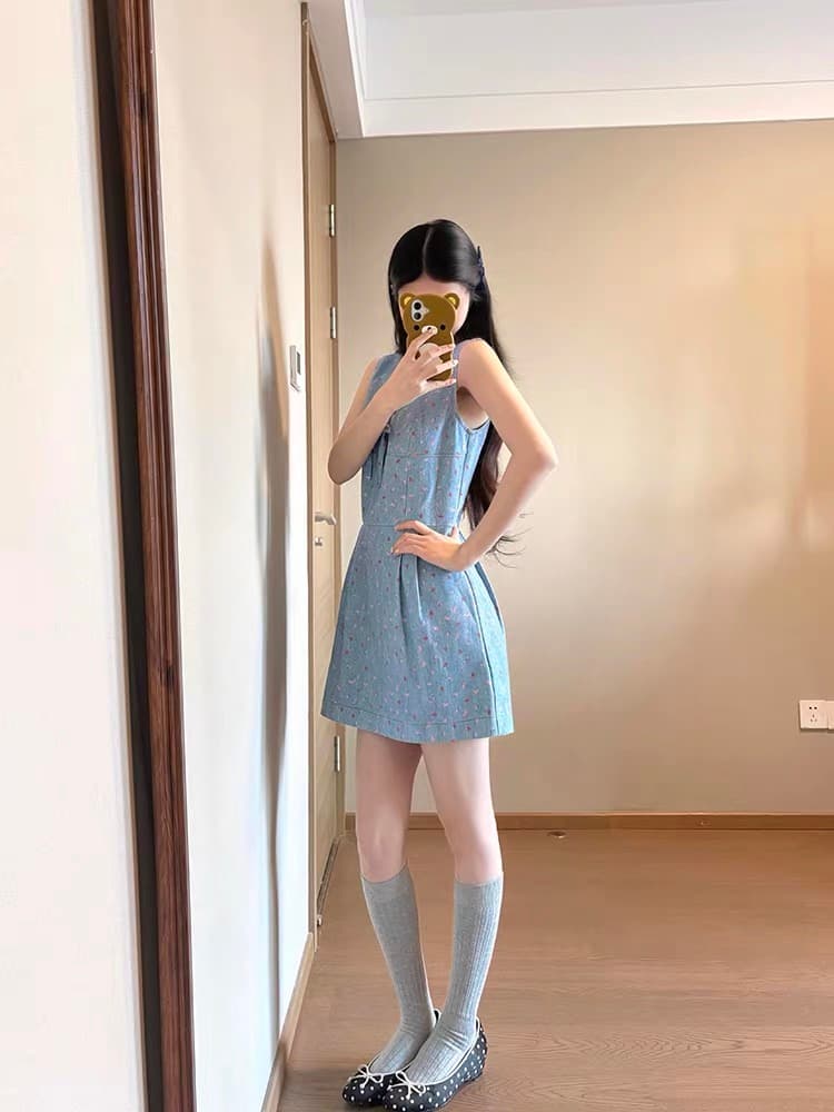 프랑스식 우아함 파란색 꽃무늬 여성 드레스 디자인 센스 나비 매듭 조끼 스커트 허리 수축 한 마디 짧은 치마 여름 이미지 2