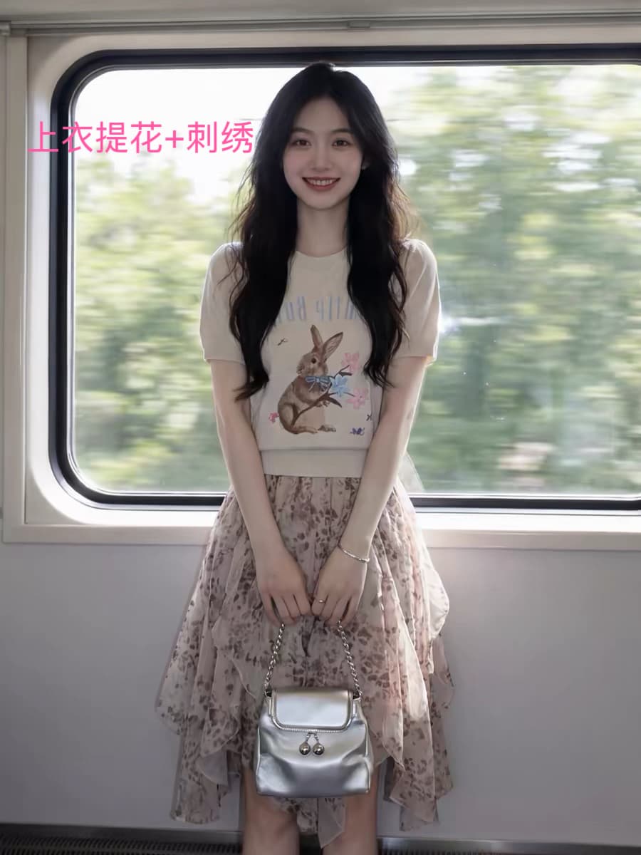 자이언트 잘 생긴 전체 집합 ootd 착용 가져 가라. 여름 여성 화이트 프린트 반팔 맨위 불규칙 꽃무늬 반신 치마 세트
