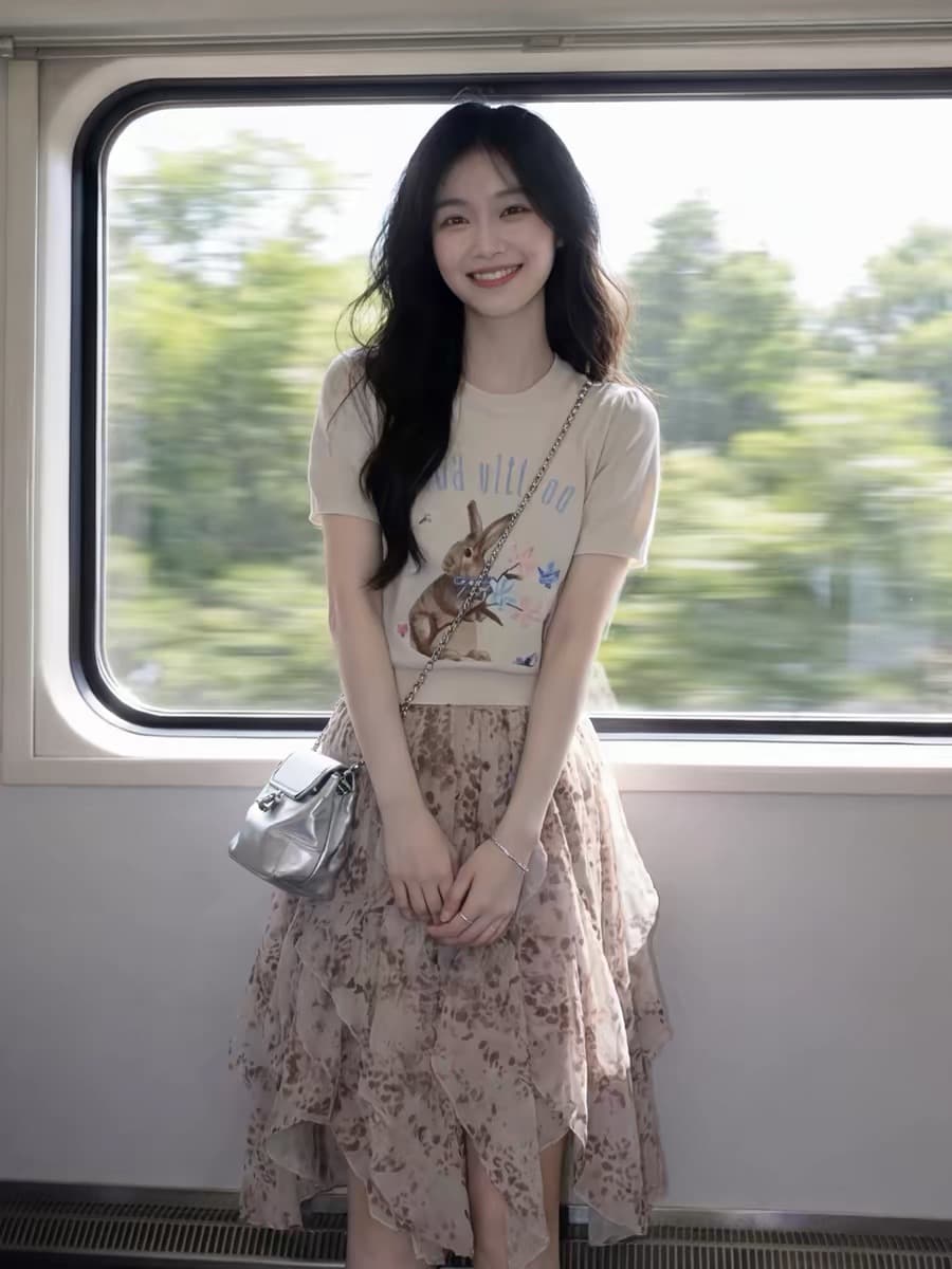 자이언트 잘 생긴 전체 집합 ootd 착용 가져 가라. 여름 여성 화이트 프린트 반팔 맨위 불규칙 꽃무늬 반신 치마 세트 상세 이미지 5