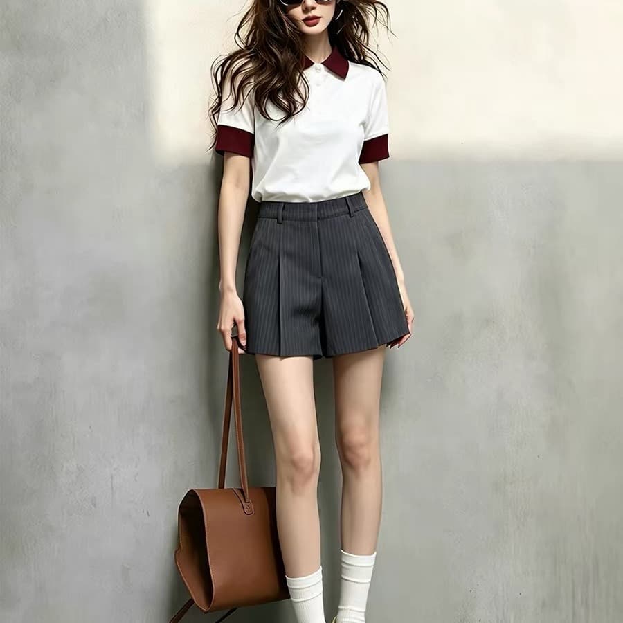 2026 슈퍼 화재 여름 드레스 테니스 노인 봉사 돈 바람 캐주얼 화이트 패치워크 POLO 칼라 반팔 티셔츠 반바지 세트 여성 이미지 5