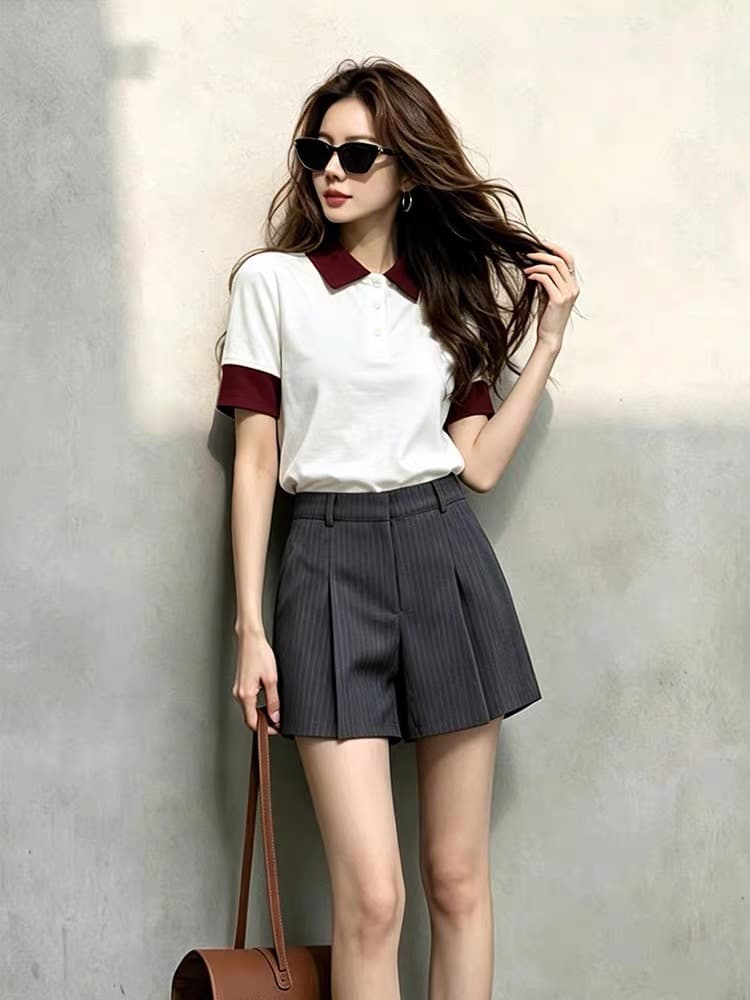 2026 슈퍼 화재 여름 드레스 테니스 노인 봉사 돈 바람 캐주얼 화이트 패치워크 POLO 칼라 반팔 티셔츠 반바지 세트 여성 상세 이미지 2