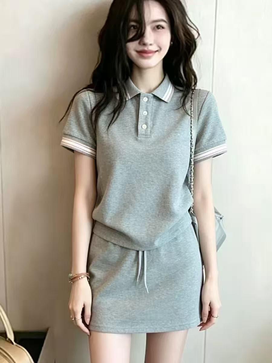 2026 슈퍼 화재 여름 드레스 전체 집합 착용 가져 가라. 작은 키 회색 캐주얼 운동복 반팔 미니 스커트 투피스 슈트 여성 상세 이미지 1