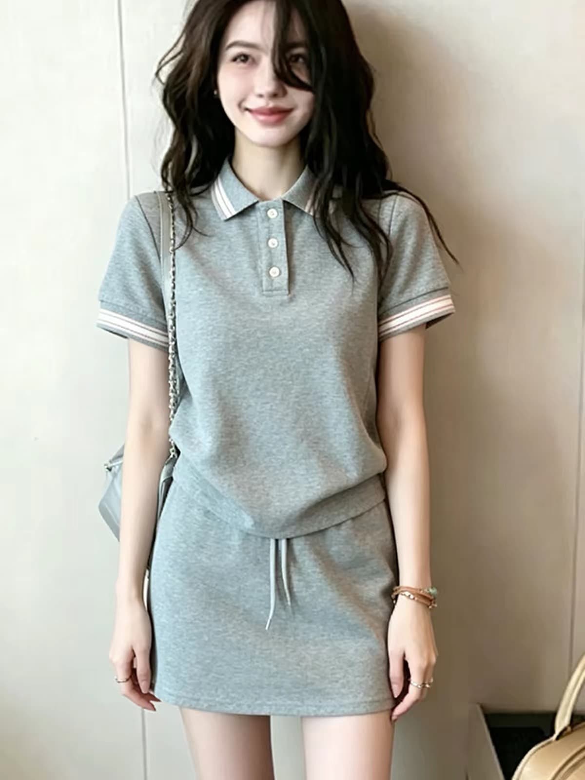 2026 슈퍼 화재 여름 드레스 전체 집합 착용 가져 가라. 작은 키 회색 캐주얼 운동복 반팔 미니 스커트 투피스 슈트 여성 상세 이미지 3