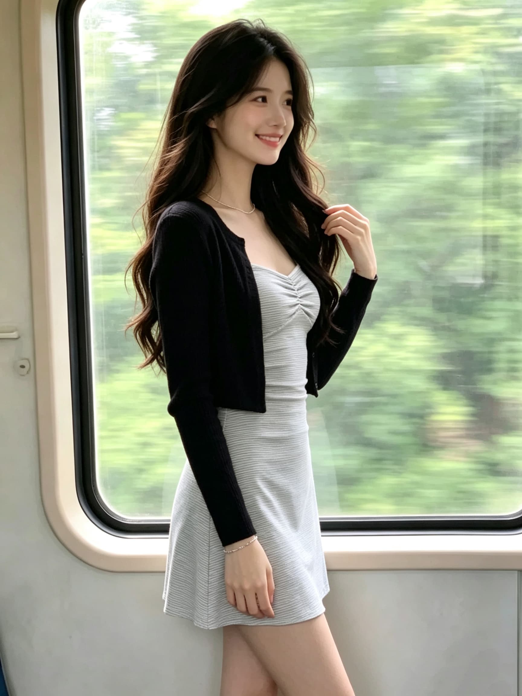마이크로 지방 mm 산소 센스 부드럽다 스트라이프 한 마디 드레스 오픈 가디건 달콤한 차가운 바람 섹시함 봄 가을 세트 이미지 3