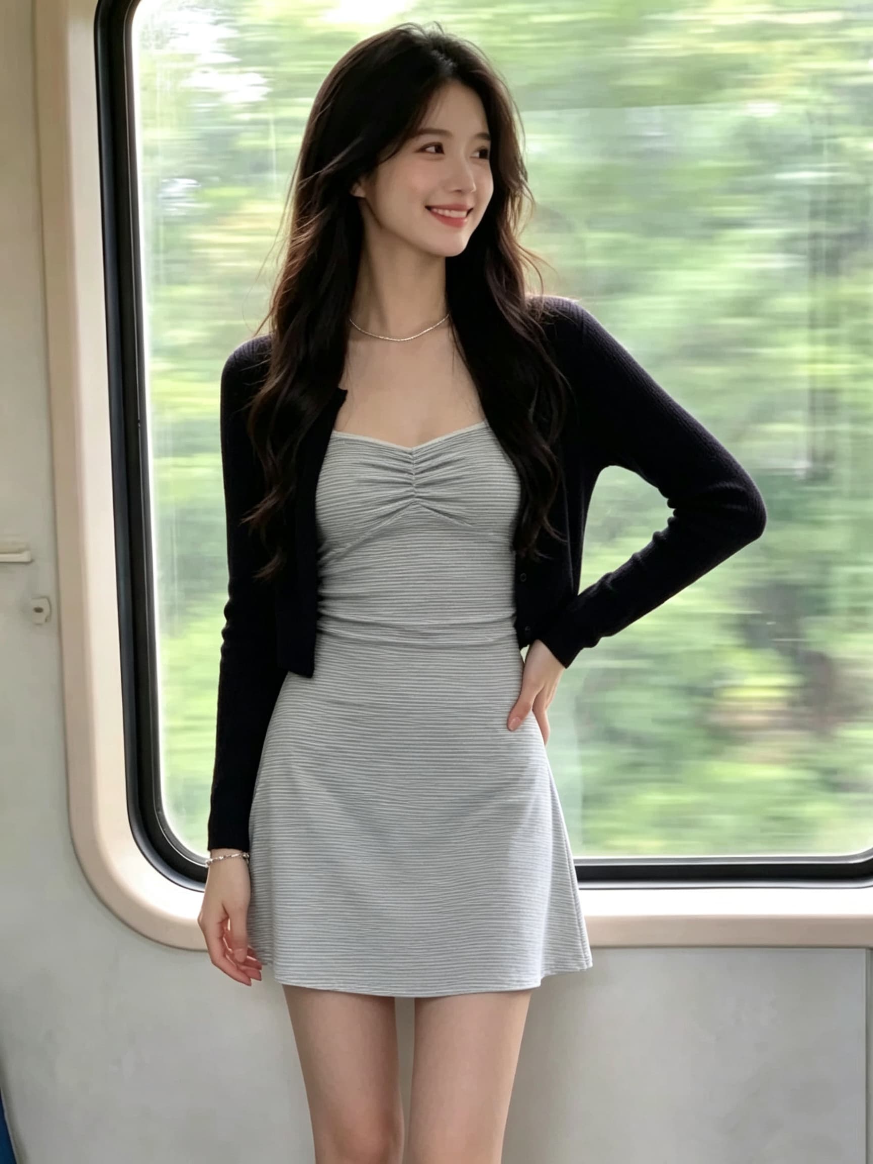 마이크로 지방 mm 산소 센스 부드럽다 스트라이프 한 마디 드레스 오픈 가디건 달콤한 차가운 바람 섹시함 봄 가을 세트 상세 이미지 1