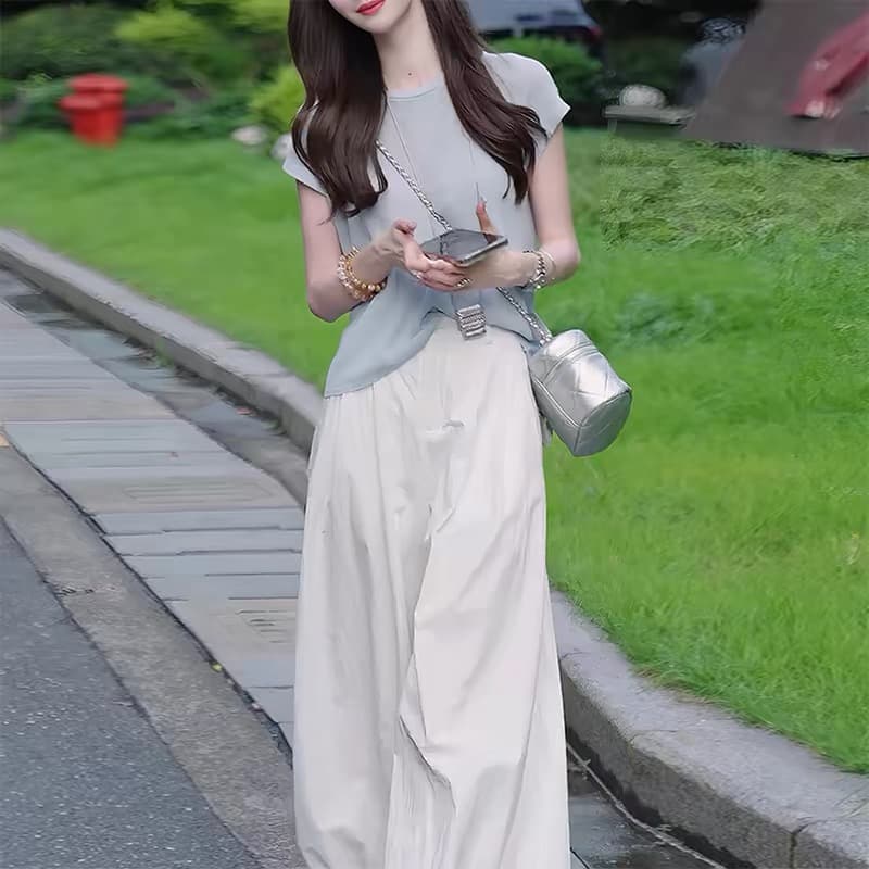2026 여름 폭발 투피스 세트 한 부서 작은 대중 느슨함 센스 이후 트임 맨위 랜턴 와이드 레그 팬츠 슬림해 보이는 세트 상세 이미지 1