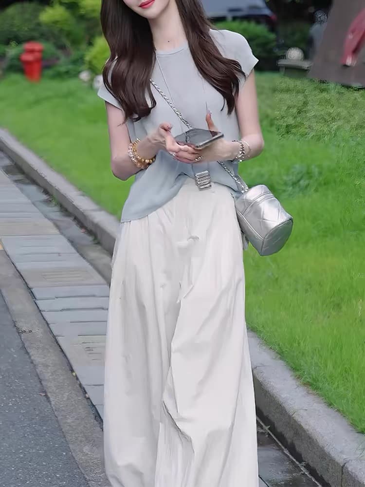 2026 여름 폭발 투피스 세트 한 부서 작은 대중 느슨함 센스 이후 트임 맨위 랜턴 와이드 레그 팬츠 슬림해 보이는 세트 상세 이미지 5