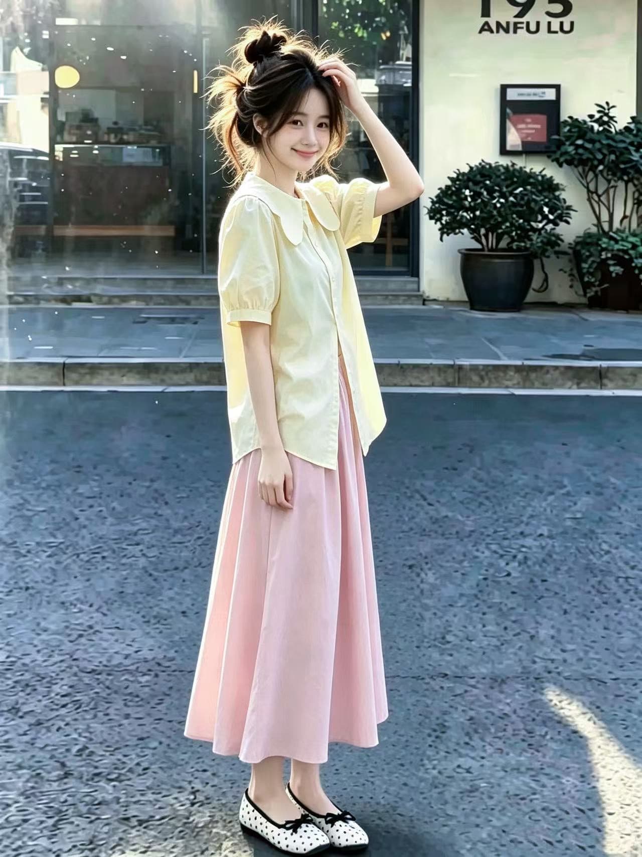 도파민 달콤한 스타일 우유 부서 착용 가져 가라. 여름 세트 작은 키 베이비 칼라 셔츠 맨위 반신 스커트 투피스 세트 이미지 4