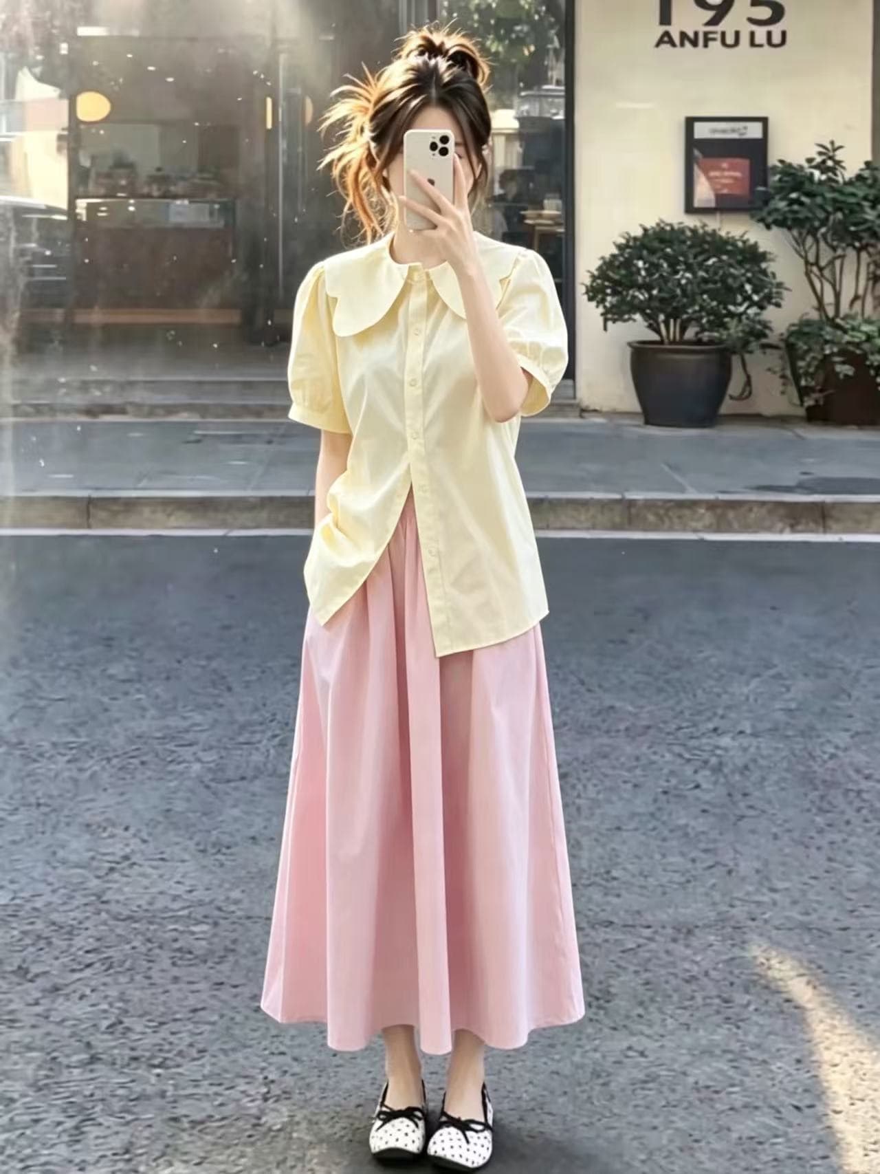도파민 달콤한 스타일 우유 부서 착용 가져 가라. 여름 세트 작은 키 베이비 칼라 셔츠 맨위 반신 스커트 투피스 세트 상세 이미지 4