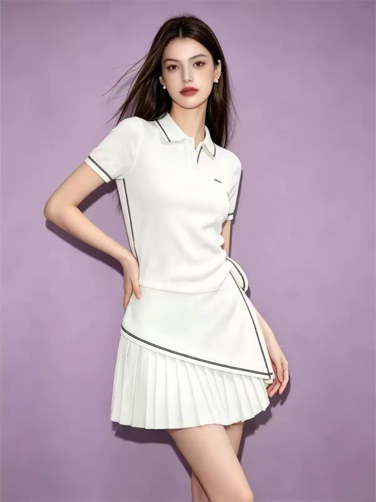 빛 요리 한 코치 착용 가져 가라. 야외 캐주얼 운동 화이트 POLO 칼라 반팔 티셔츠 플리츠 미니 스커트 세트 여성 여름