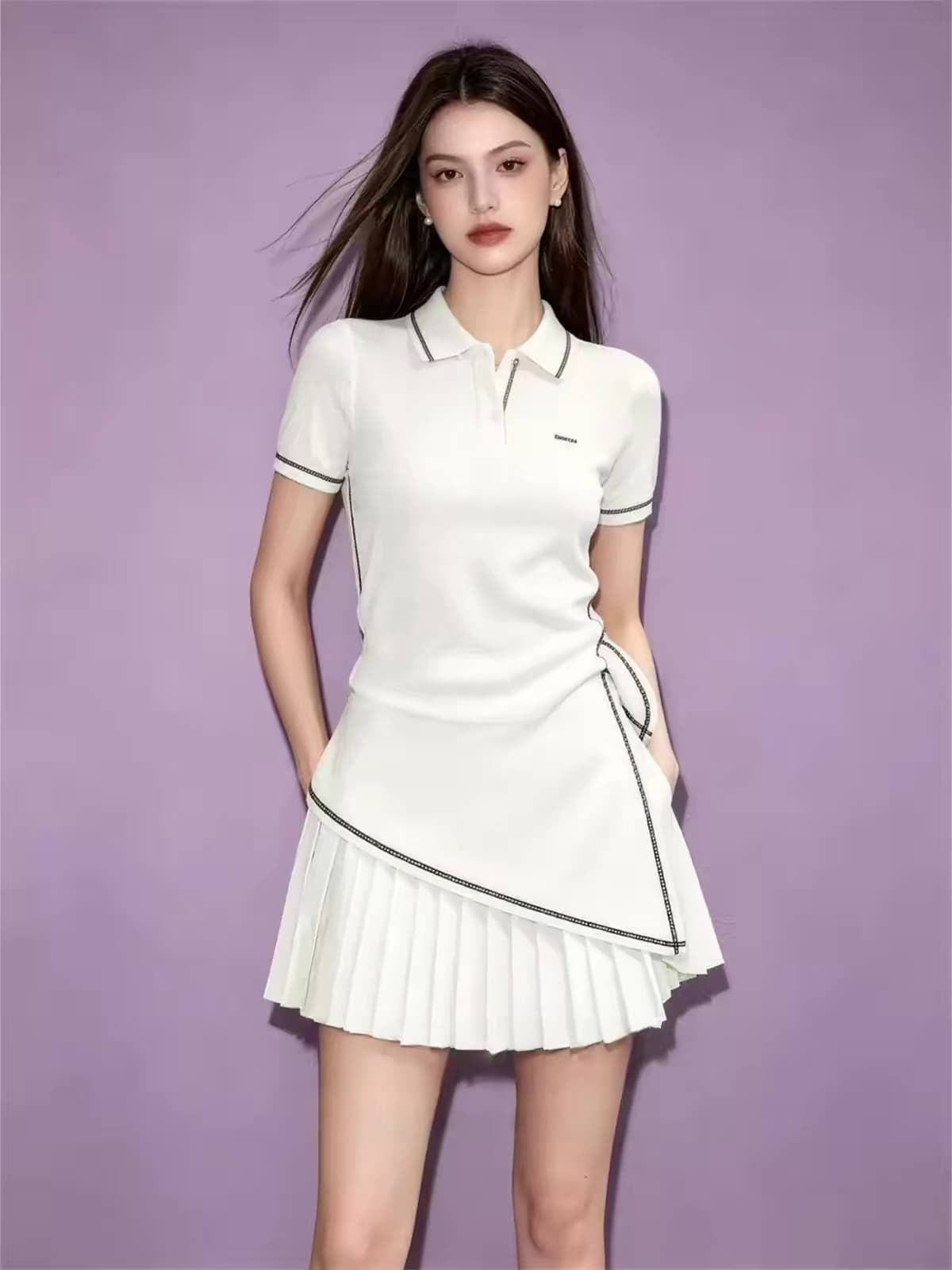 빛 요리 한 코치 착용 가져 가라. 야외 캐주얼 운동 화이트 POLO 칼라 반팔 티셔츠 플리츠 미니 스커트 세트 여성 여름 상세 이미지 3